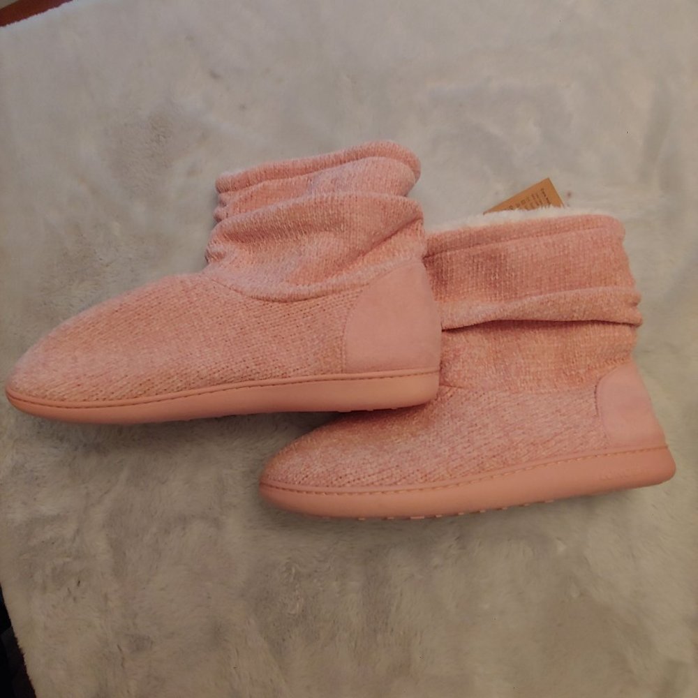 NWT LongBay pink Chenille Knit Bootie Slippers Plush Fleece Memory Foam Sz XL - Picture 2 of 7